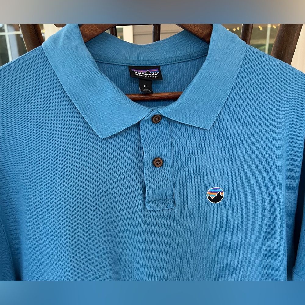 Patagonia Fitz Roy Emblem Polo Shirt Blue Mens Size XL Organic Cotton Golf